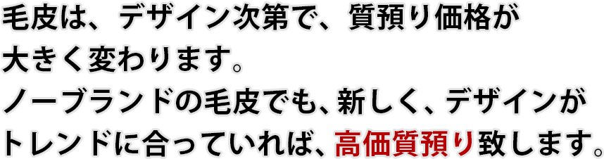 毛皮は、デザイン次第で、質預り価格が大き変わります。ノーブランドの毛皮でも、新しく、デザインがトレンドに合っていれば、高価質預り致します。