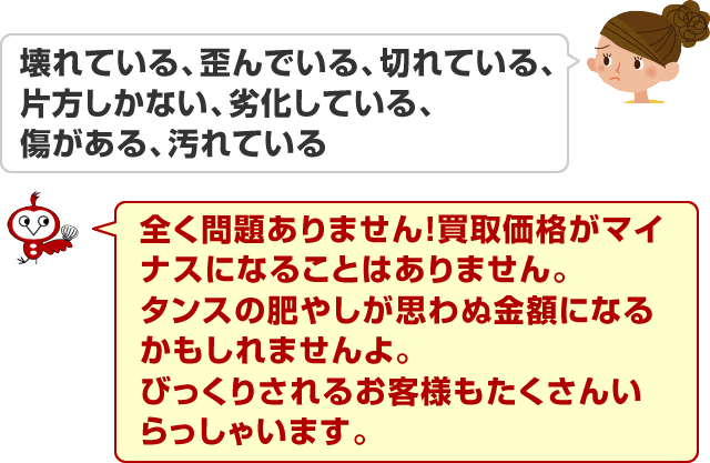 壊れている、歪んでいる、切れている、片方しかない、劣化している、傷がある、汚れている-全く問題ありません！買取価格がマイナスになることはありません。タンスの肥やしが思わぬ金額になるかもしれませんよ。びっくりされるお客様もたくさんいらっしゃいます。